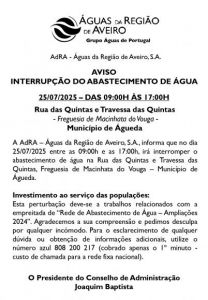 Interrupção abastecimento Águas - Rua das Quintas e Travessa das Quintas